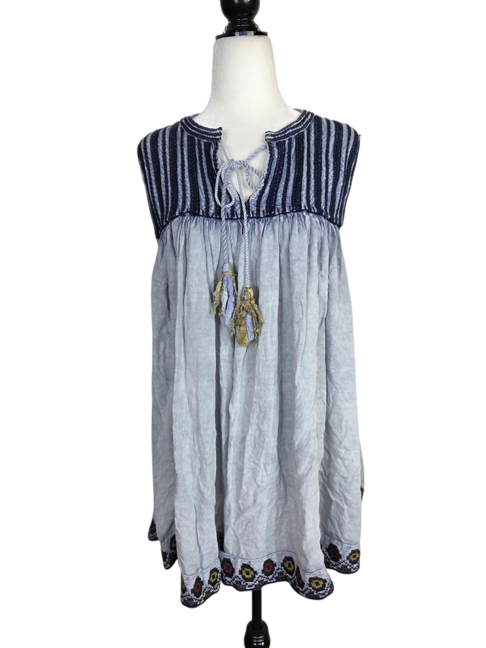 Rachel Zoe Denim Embroidered Boho Striped Yoke Sleeveless Tunic with Tassels